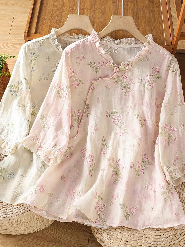 

New Chinese Style Embroidered Black Mushroom Stand Collar Loose Women's Shirt Summer Fashionable Slimming Top Button Front