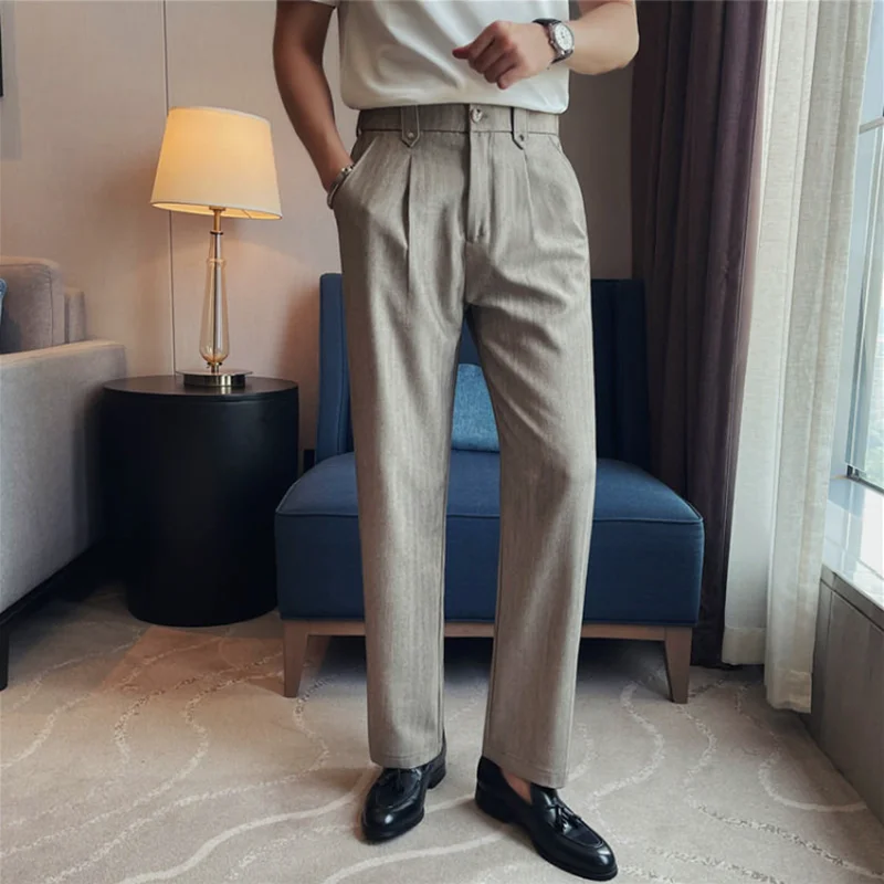 Men's Striped Straight Leg Wrinkle Resistant Casual Pants Streetwear 2026 Fashion Elastic Waistband Loose Wide Leg Suit Pants