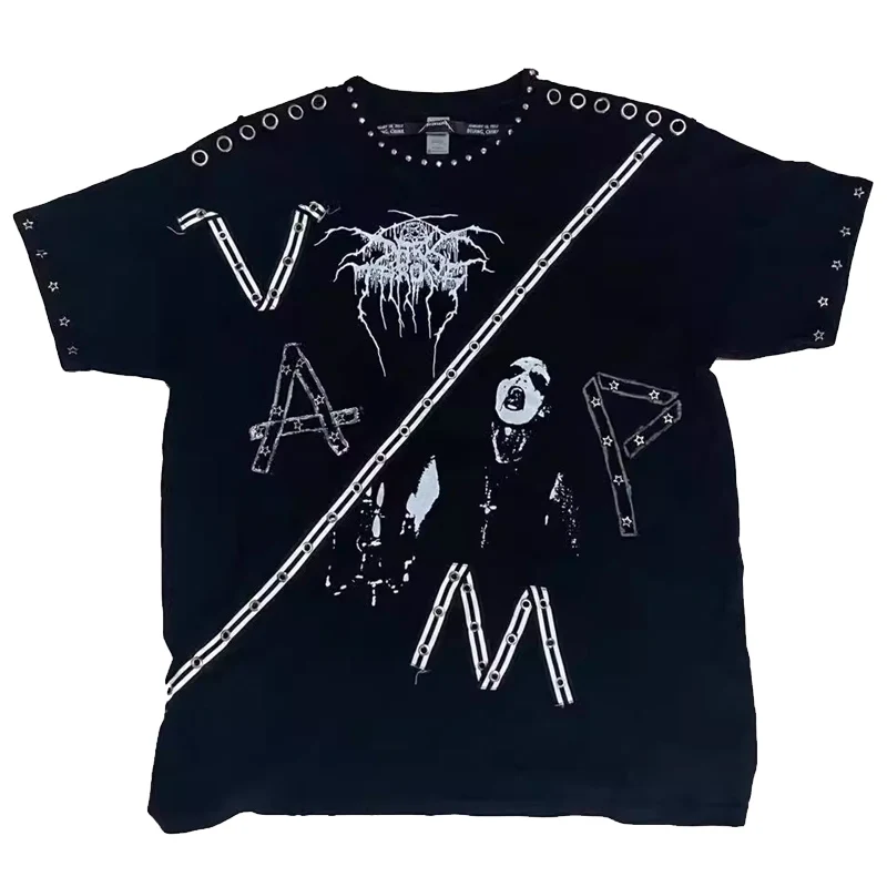 Men's clothing Summer 2025 Kill Matt Rock Style Rivet Hole Punk Letter Pattern Black Men's short sleeved T-shirt top