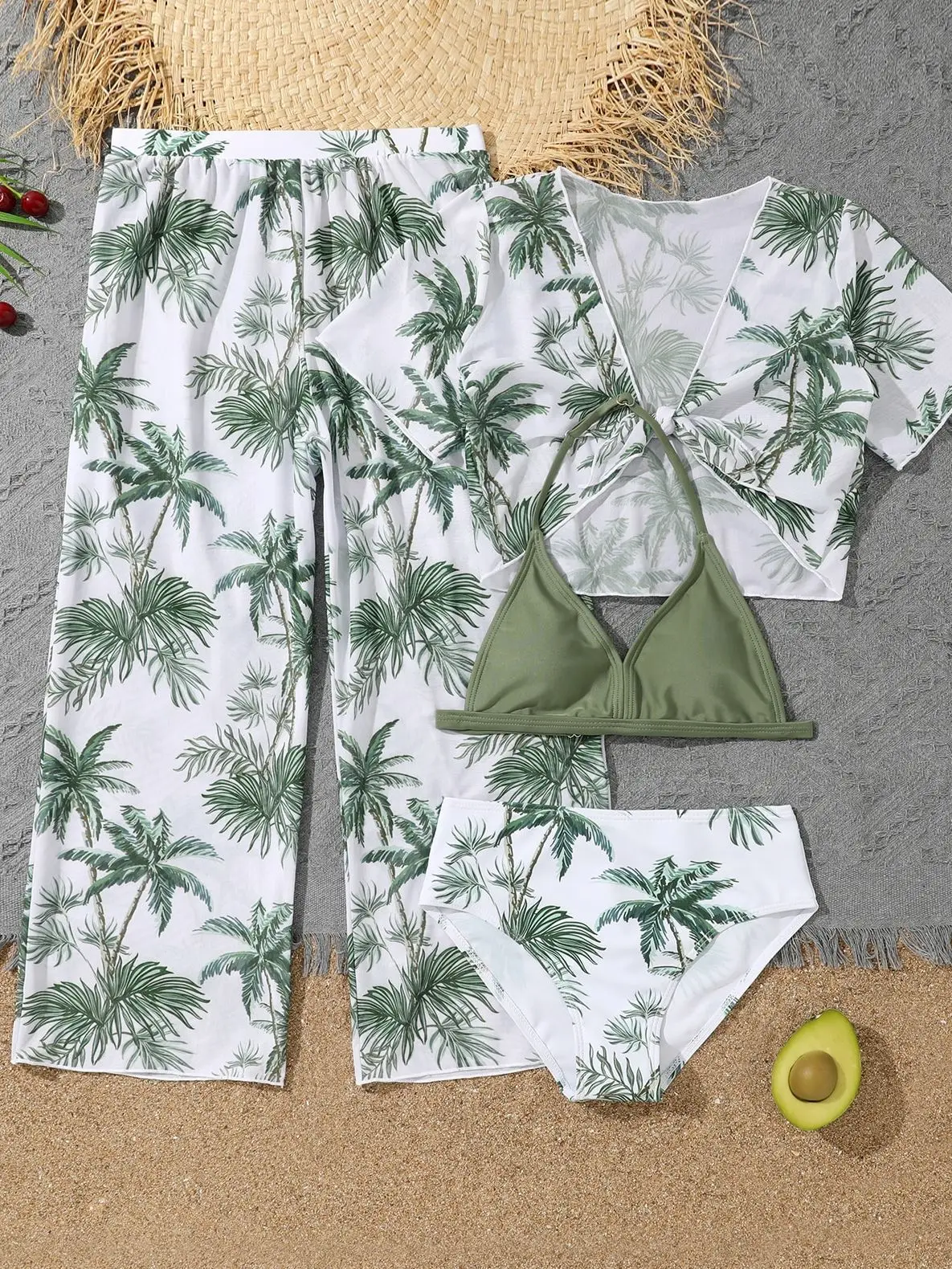 Girls 4pack Palm Tree Print Bikini Sets with Pants+Short Sleeve Crop Top Kids Swimsuit 7-12 Years Children Swimwear Bathing Suit