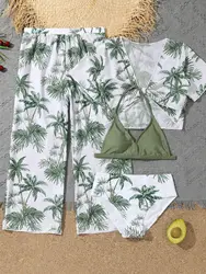 Girls 4pack Palm Tree Print Bikini Sets with Pants+Short Sleeve Crop Top Kids Swimsuit 7-12 Years Children Swimwear Bathing Suit