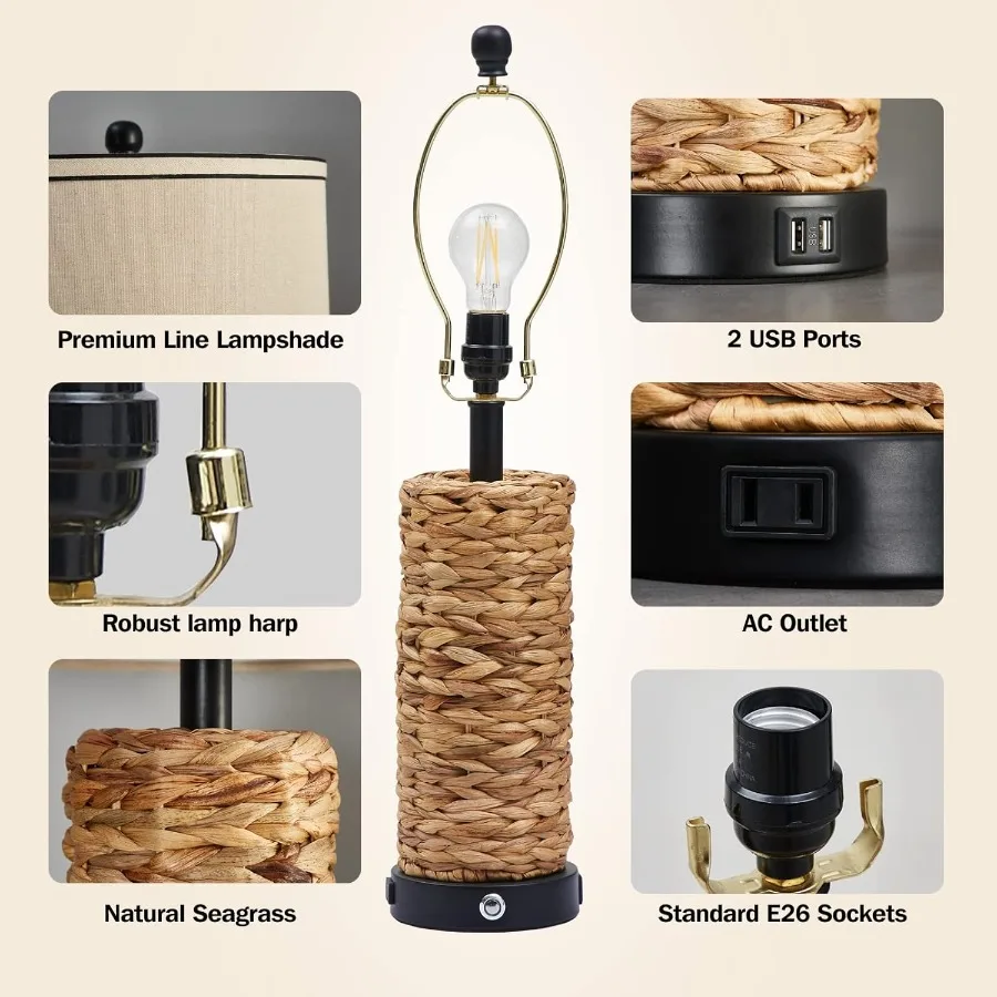 Rotan tafellamp set van 2 rieten lampen Dimbare Touch Zeegras tafellamp met 2 USB-poorten en 1 AC-uitgang voor slaapkamer Nightst