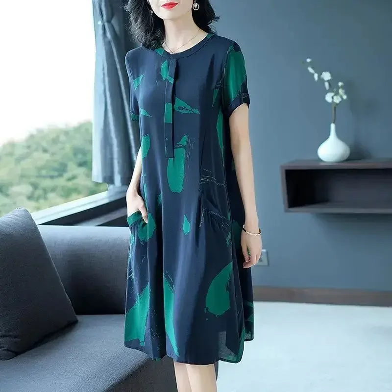 

Summer Oversized Fashion Printing O-neck Short Sleeve Casual Dresses Ladies Office Lady Pocket Loose Dress Women Clothing B031