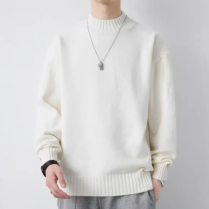 

Мужской свитер с высоким воротником, утепленный, мягкий, однотонный, вязаный, повседневный, с длинным рукавом, круглый вырез