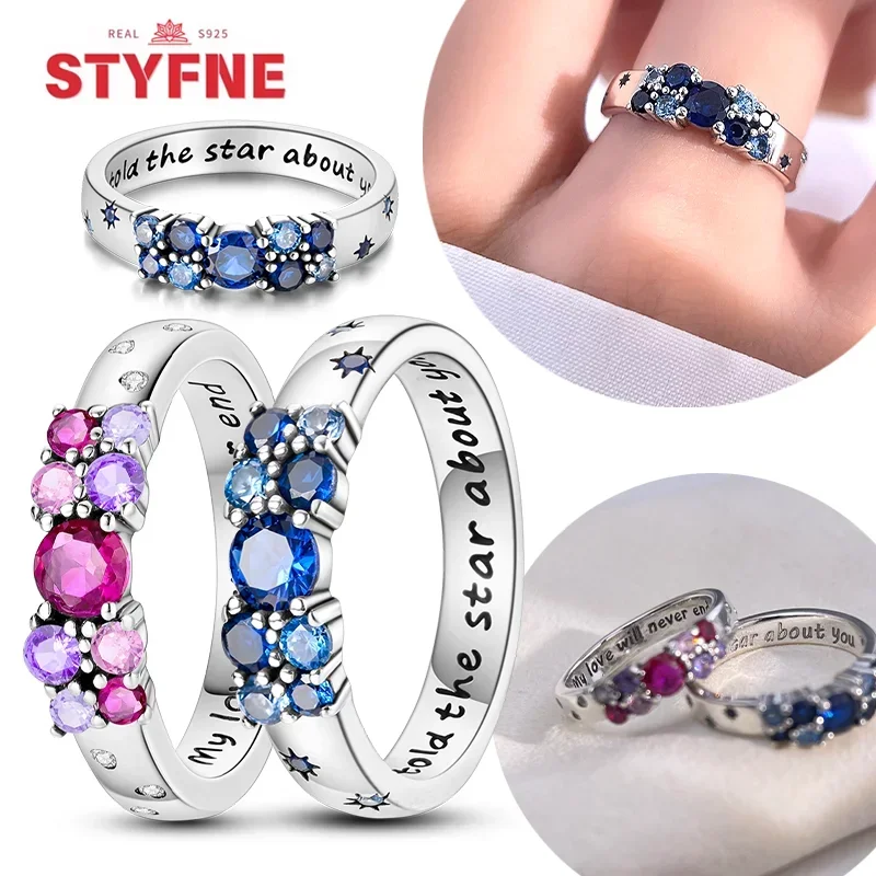 Silver 925 Blue Pink Ring Original Shiny Star Zircon Design Finger Rings for Women High Quality Wedding Fine Jewelry Gift