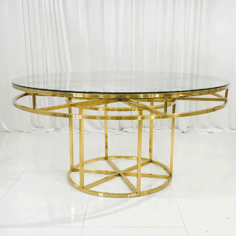 banquet used furniture metal base glass top wedding events dining gold stainless steel round tables glass