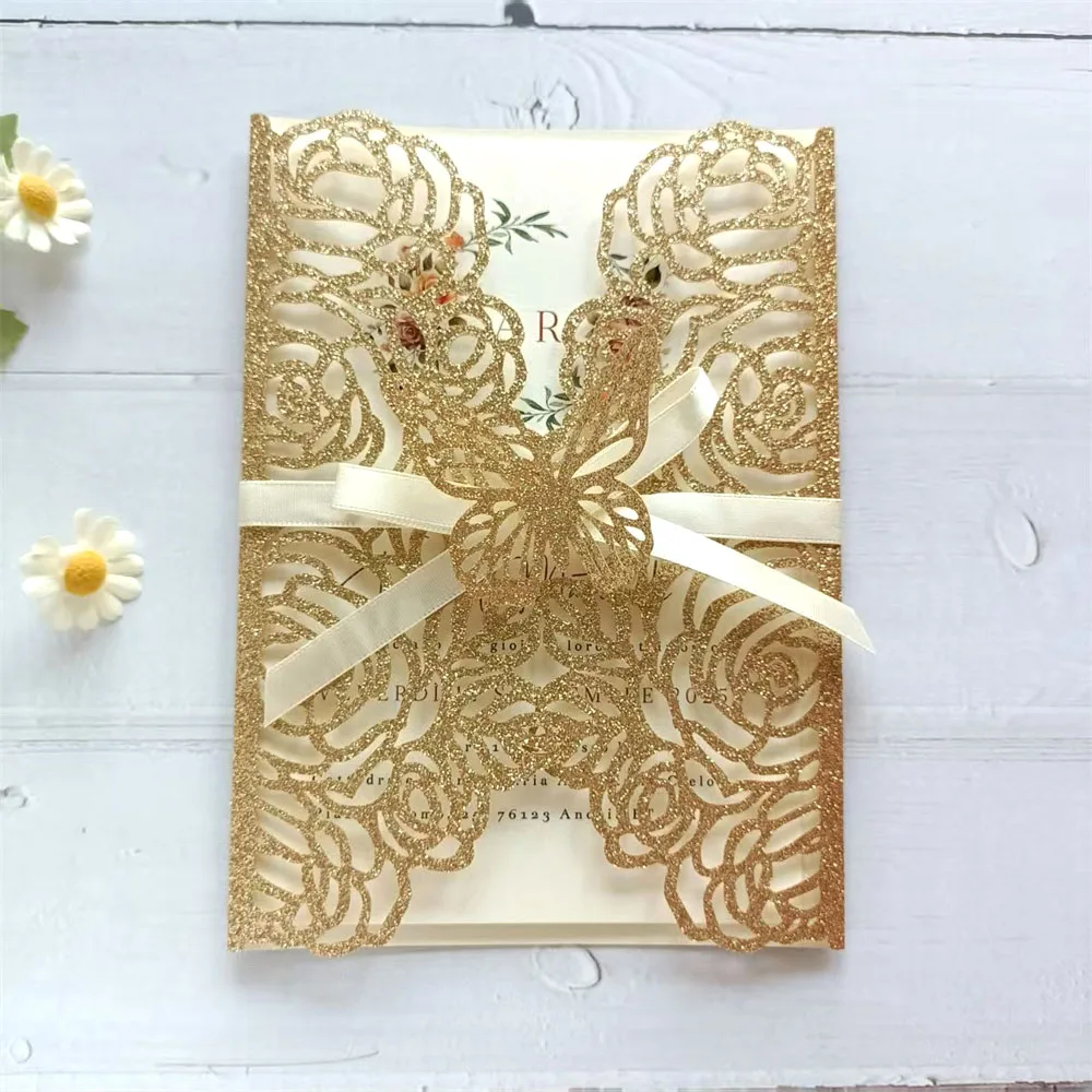 

Butterfly Invitation With Bow Floral Laser Cut Invitation For Wedding Birthday quinceanera 50 sets