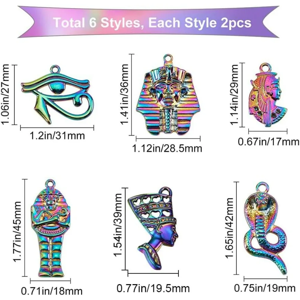 1 Box 12Pcs 6 Styles Egyptian Charms Colorful Alloy Eye of Horus Pharaoh Cobra Snake Pendants Rainbow Color Etched Metal