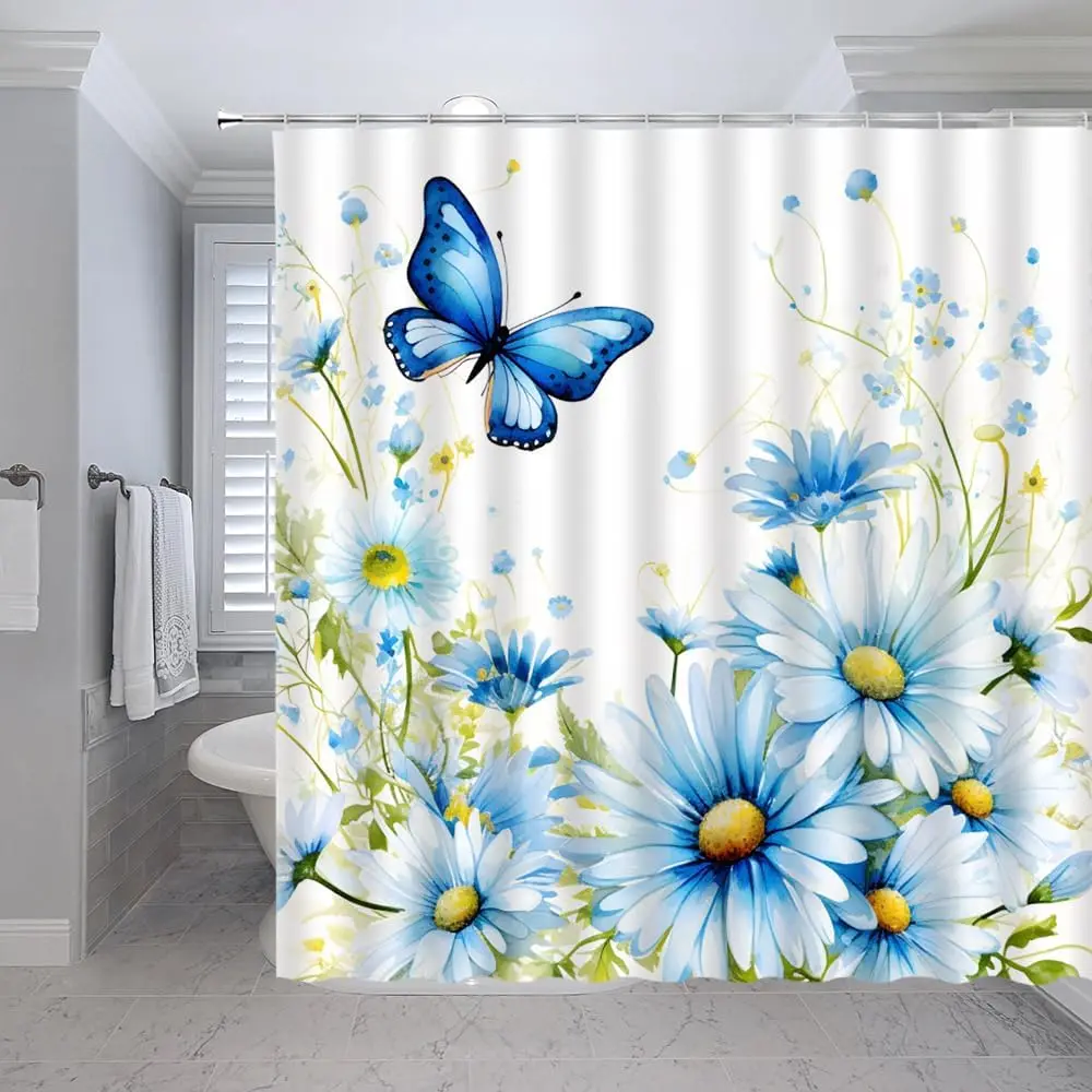 

Занавеска для душа с цветком и бабочкой, весенняя синяя ромашка, цветочный элегантный акварель, деревенское растение, природный пейзаж, фантазия, мечта, романтический