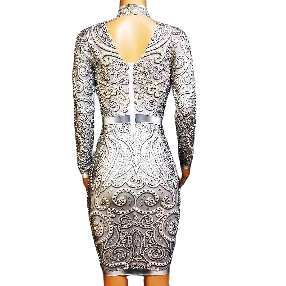 Funkelnden Strass Perlen Frauen Kurze Kleid Halter Silber Langarm Kleid Nachtclub DJ Sänger Dance Performance Kostüme