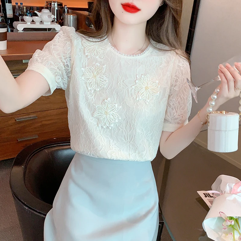 Summer Women Tops Short Sleeve Blouse Women Blusas Mujer De Moda 2024 Verano O-Neck Lace Blouse Shirt Blusa Blouses Shirts G533