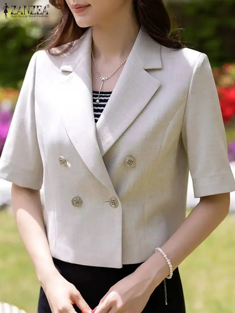 ZANZEA Elegant Women OL Work Blazer Summer Lapel Neck Half Sleeve Thin Coats Fashion Solid Office Wear Open Front Cardigan 2024