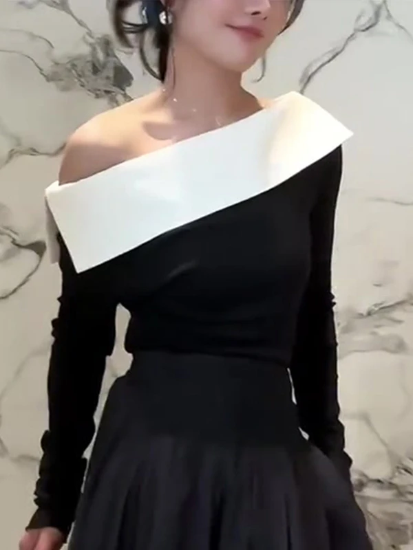 

Hebe Sle Slimming oulder Bared One-oulder Design Women's T-irt Autumn Winter Faionable Body-a Trendy Top