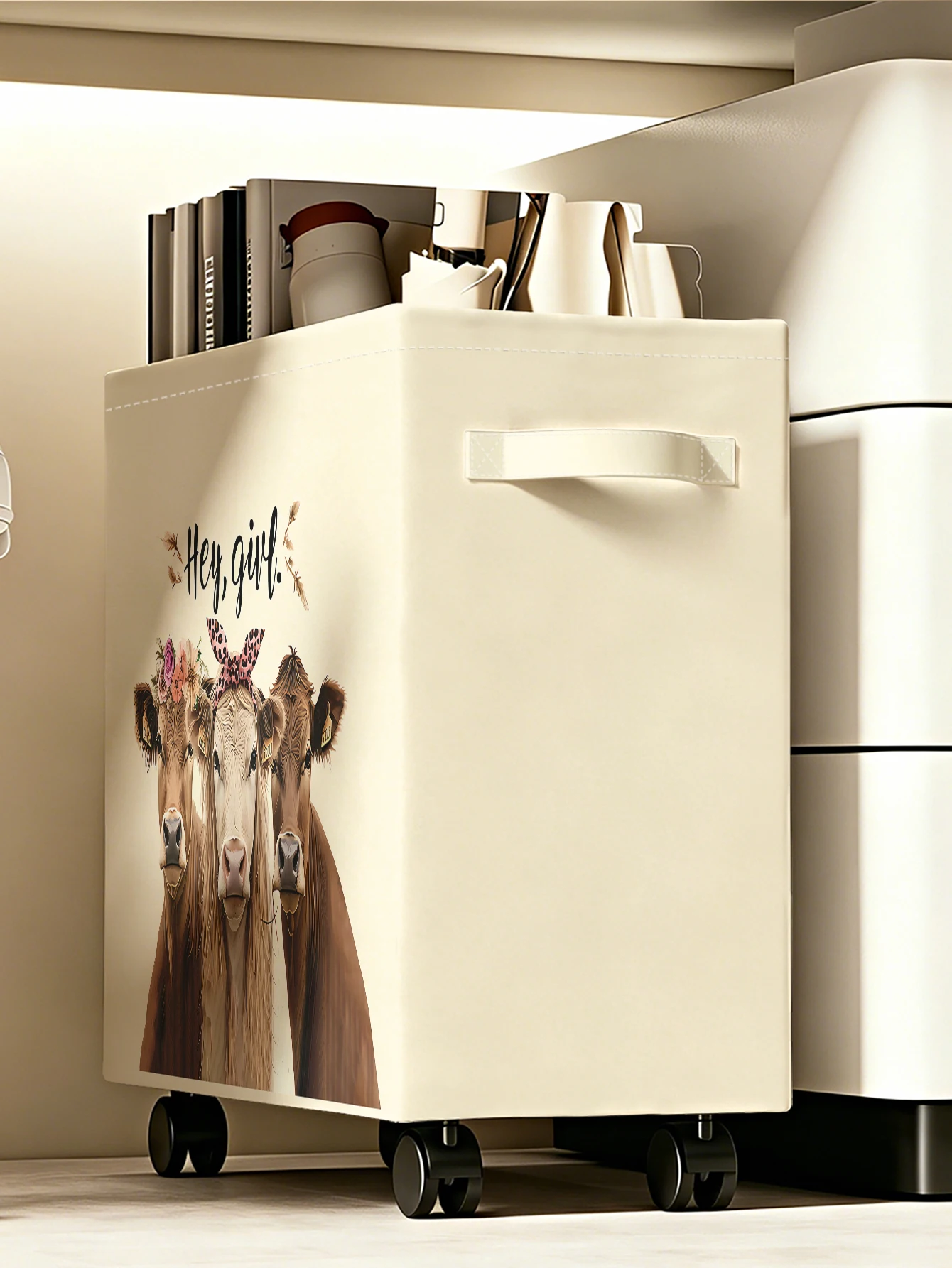 Cow Portrait Print Rolling Storage Bin, Foldable Fabric Organizer Box with Wheels for Home Bedroom Closet Storage