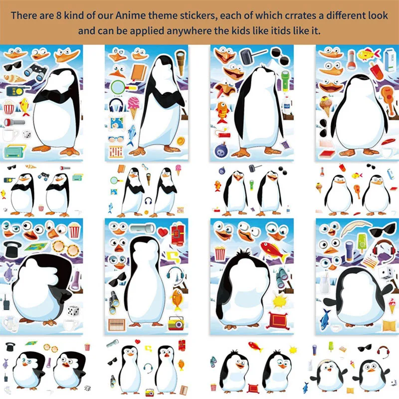 Cute Penguin Stickers For Kids Cartoon Animal Make A Face Puzzle Stickers Children Creative DIY Toys School Reward Decal Gifts