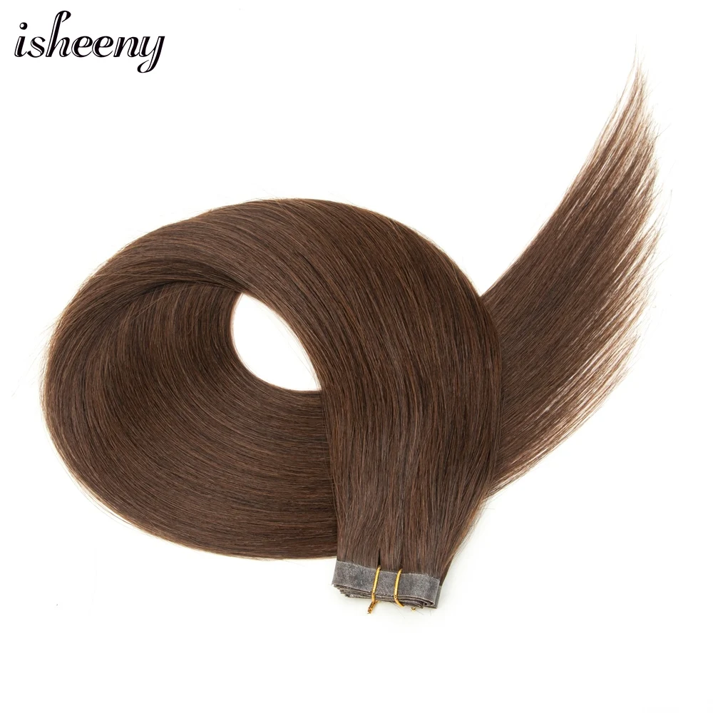 Straight Long PU Flat Hair Weft 12 16 20 inches Real Natural Dark Brown Human Hair Bundles No Taped Hair For Women