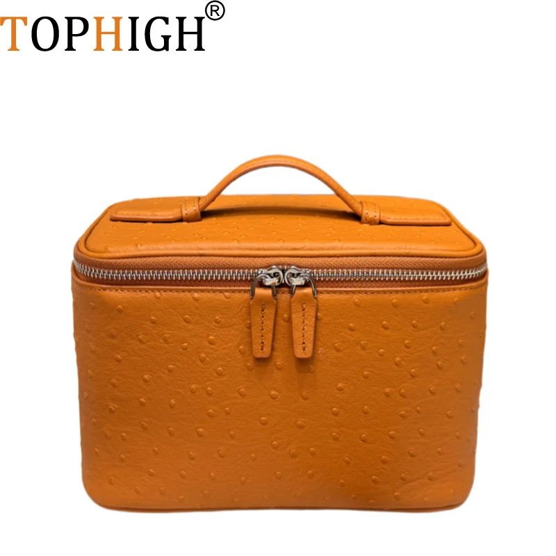 TOPHIGH Ostrich Pattern Makeup Bag Premium Handbag Genuine Leather Travel Portable Large Capacity Storage Bag Toiletry Purse Bag