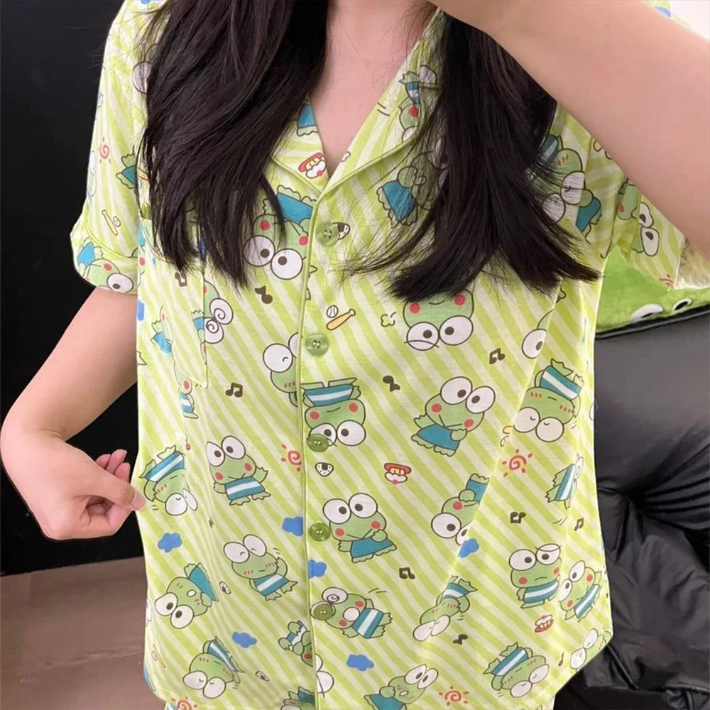

Sanrio Keroppi Cute Pajama Set Lady Pyjama Shorts Short Sleeve Sleepwear Summer Pijama Cartoon Nightwear Home Clothe New Arrival