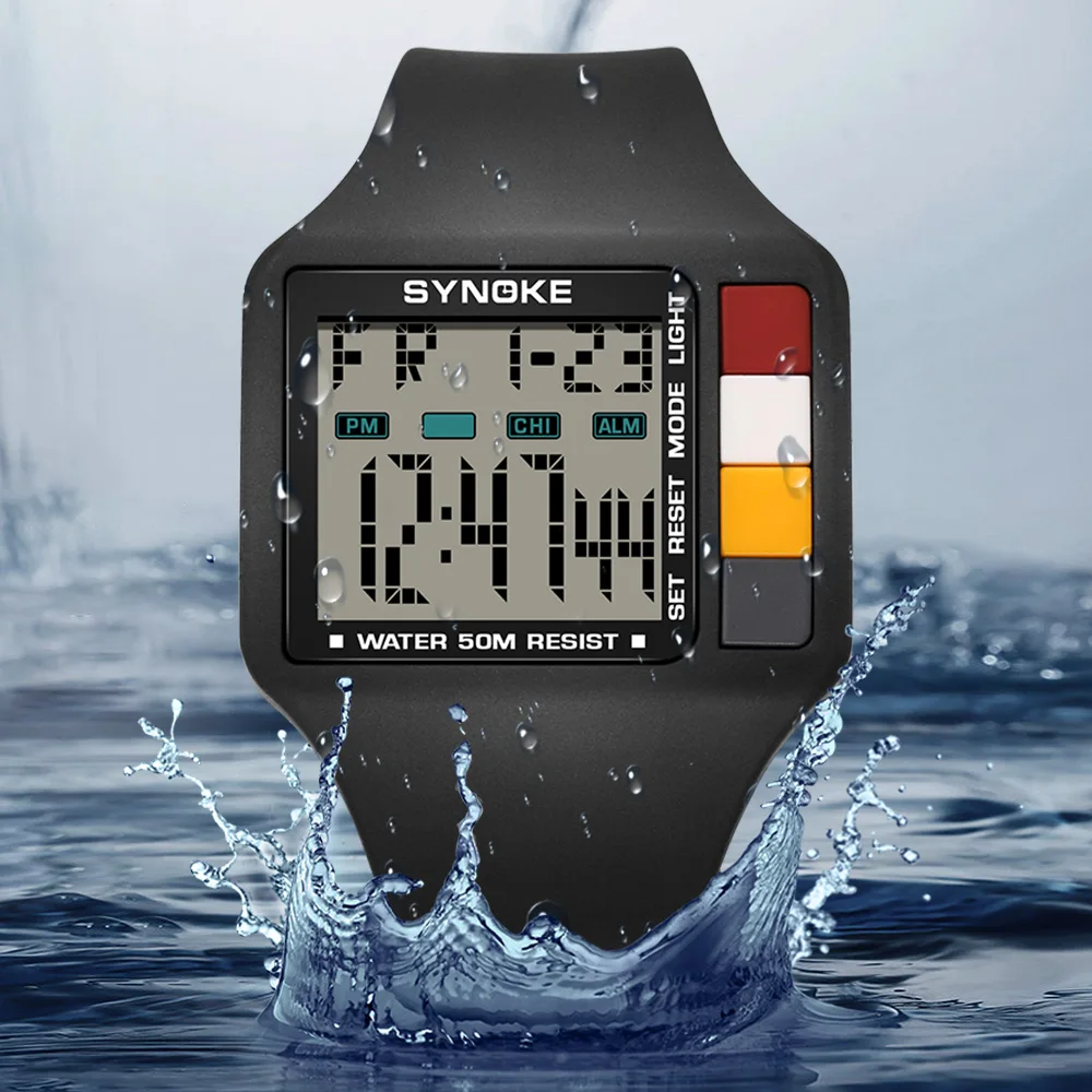 Synoke Digital Watch Men Sports Electronic Watch 5Bar Waterproof Light Large Screen Square Student Watch Outdoor Fashion Trend