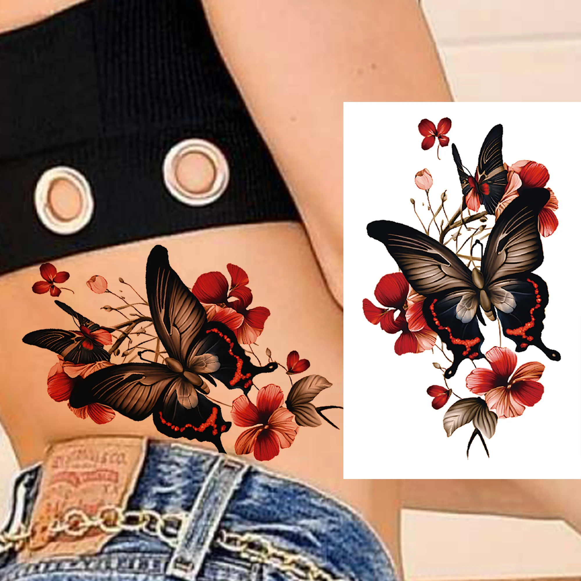 1 ورقة مثير فراشة البرقوق الوردي الوشم المؤقت للنساء الفتيات المائية وهمية زهرة الوشم كم للماء الديكور #3