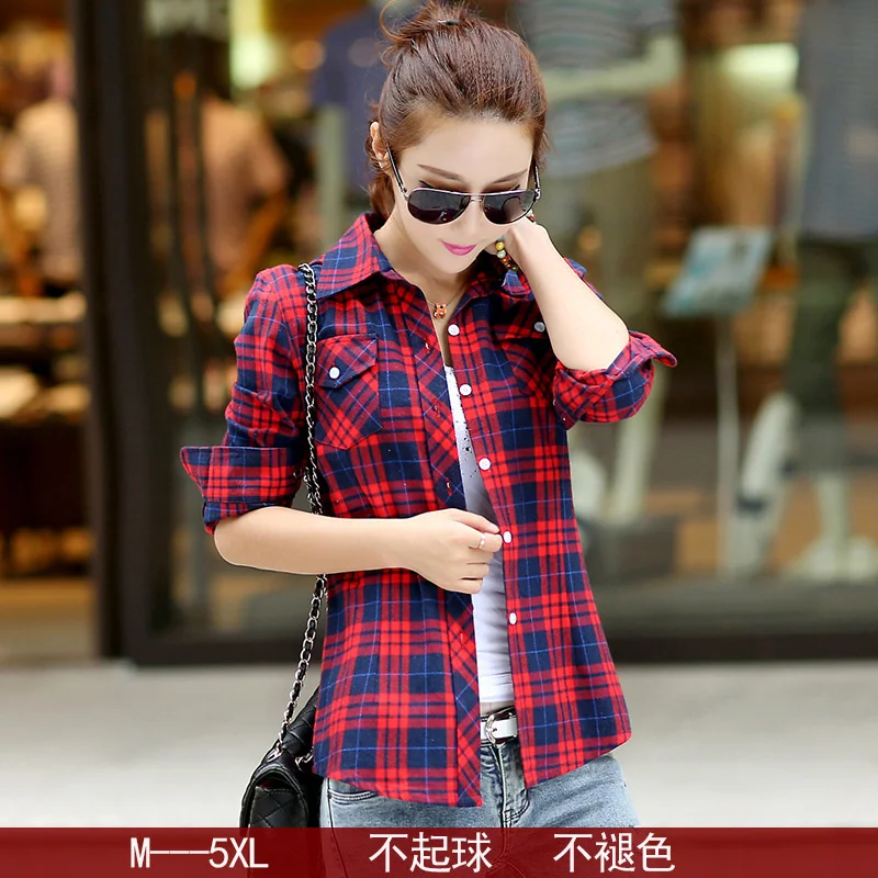 New Cotton Women's Shirts Grid Plus Size M-5XL Blouse Shirt Casual Long Sleeve Checkered Shirt  Turn-down Collar Streetwear