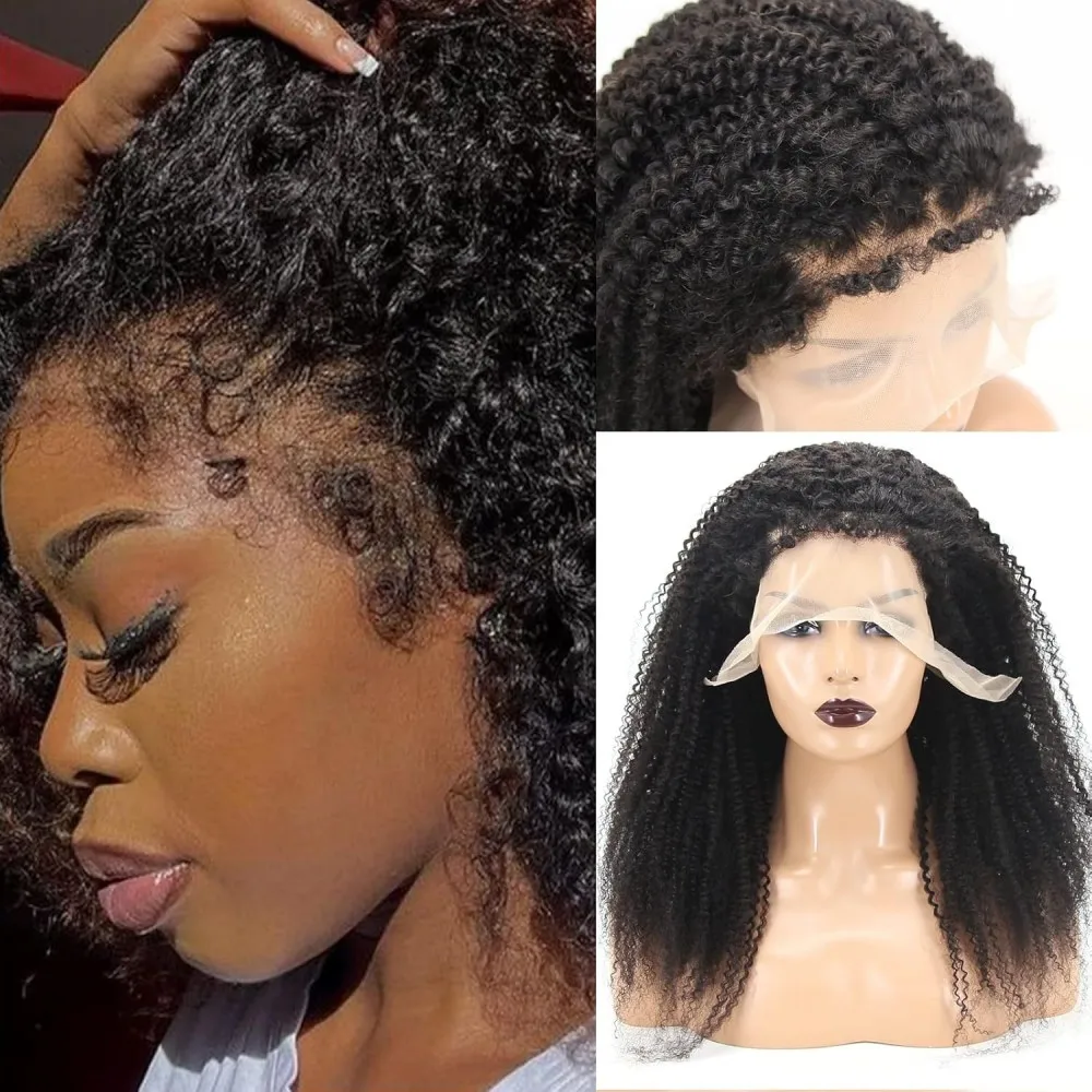 

4C Kinky Curly Edges Hairline 13x4 Lace Front Curly Wigs 180% Density Lace Frontal Human Hair Wigs hair with 4C Curly Baby Hair