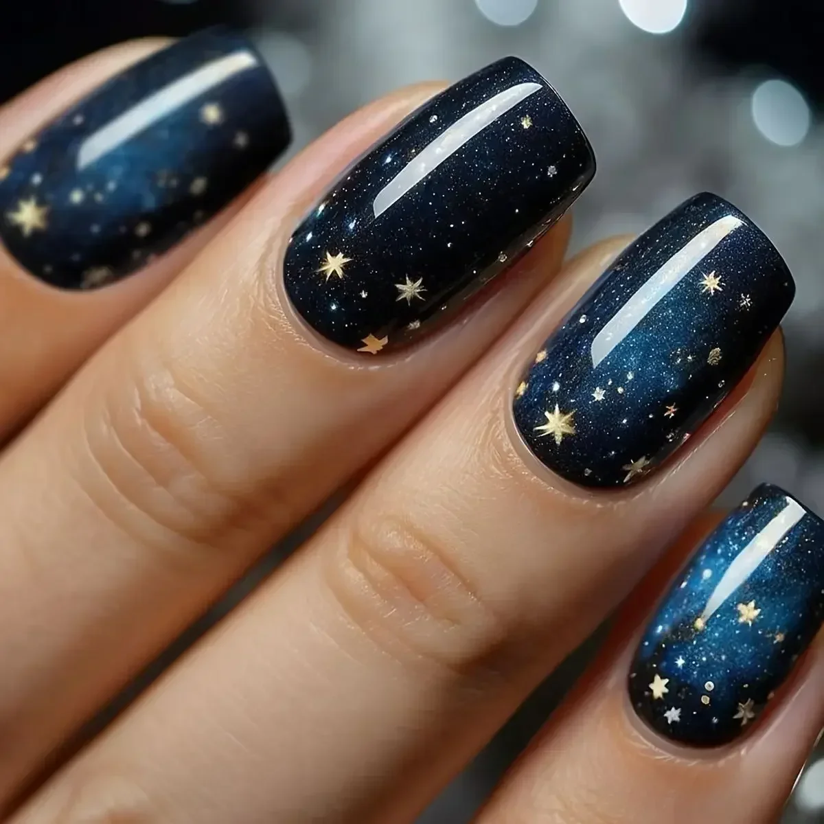 24 unids/caja uñas postizas azules prensa en uñas cubierta completa dibujos animados gato negro brillo cielo Luna estrellas diseño francés manicura usable