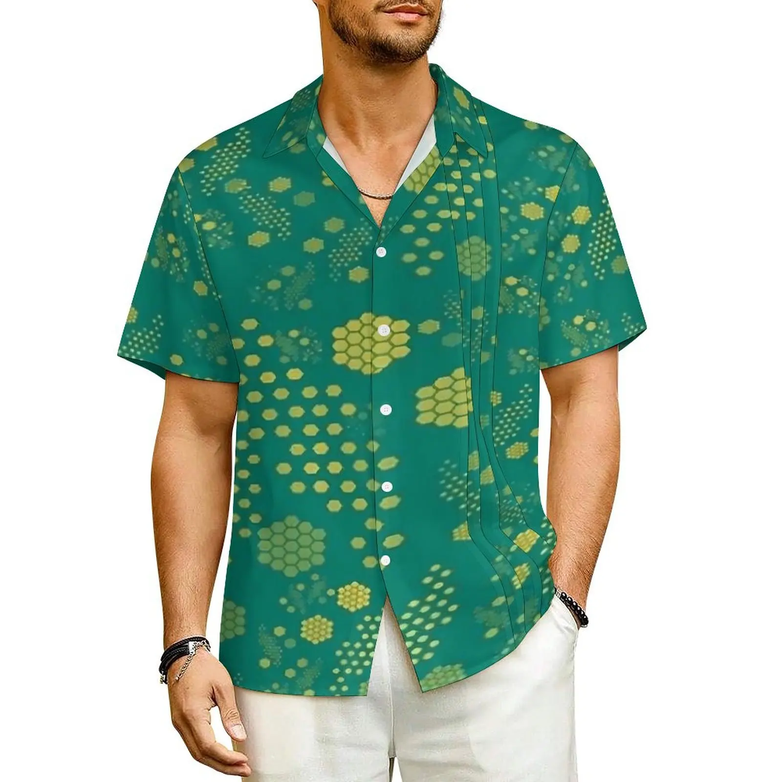 

Green Hives Casual Shirt Hexagons Design Classic Hawaii Shirts Male Short Sleeves Beach Streetwear Design Oversized Blouses