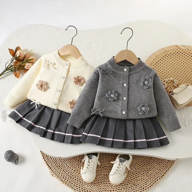 2026 Spring Baby Girl Knitted Clothes Suit Long Sleeved Knitted Cardigan Sweater+Short Skirt 2-6Yrs Children Knitted Clothes Set