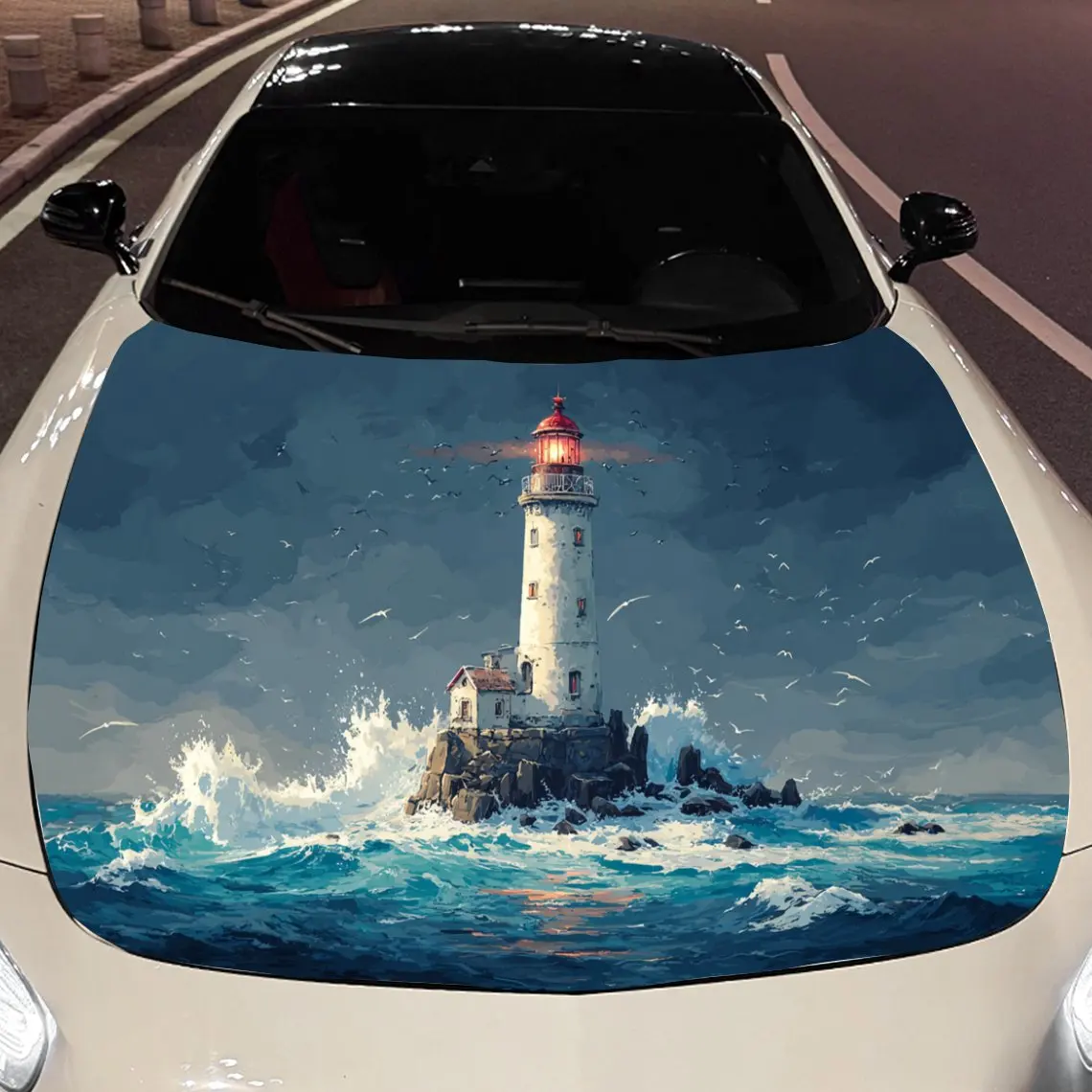 

Seagulls Chasing Waves Lighthouse Car Vinyl Wrap, PVC Material Waterproof Car Hood Sticker, Self-Adhesive Scratch-Resistant Stic