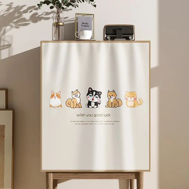 VIKAMA Kawaii Cabinet Cover Curtain Cute Cat Green Plant Print Dust Proof Partition Curtain Storage Closet Home Decor
