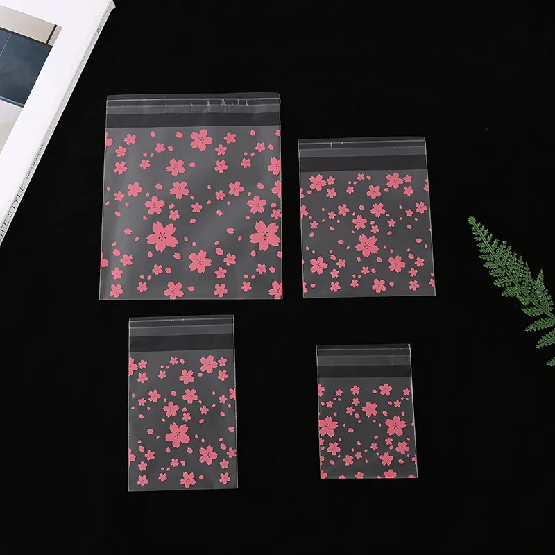 100Pcs Square Self Sealing Bag Pink Cherry Blossoms Self-Adhesive Gift Bags For Wedding Party Gift Candy Cookie Package Bags