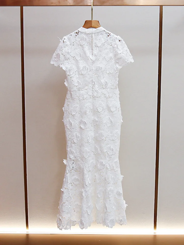 Women White Long Dress Lace Hollow Out O-Neck Short Sleeve Slim Elegant Autumn 2024 Robe