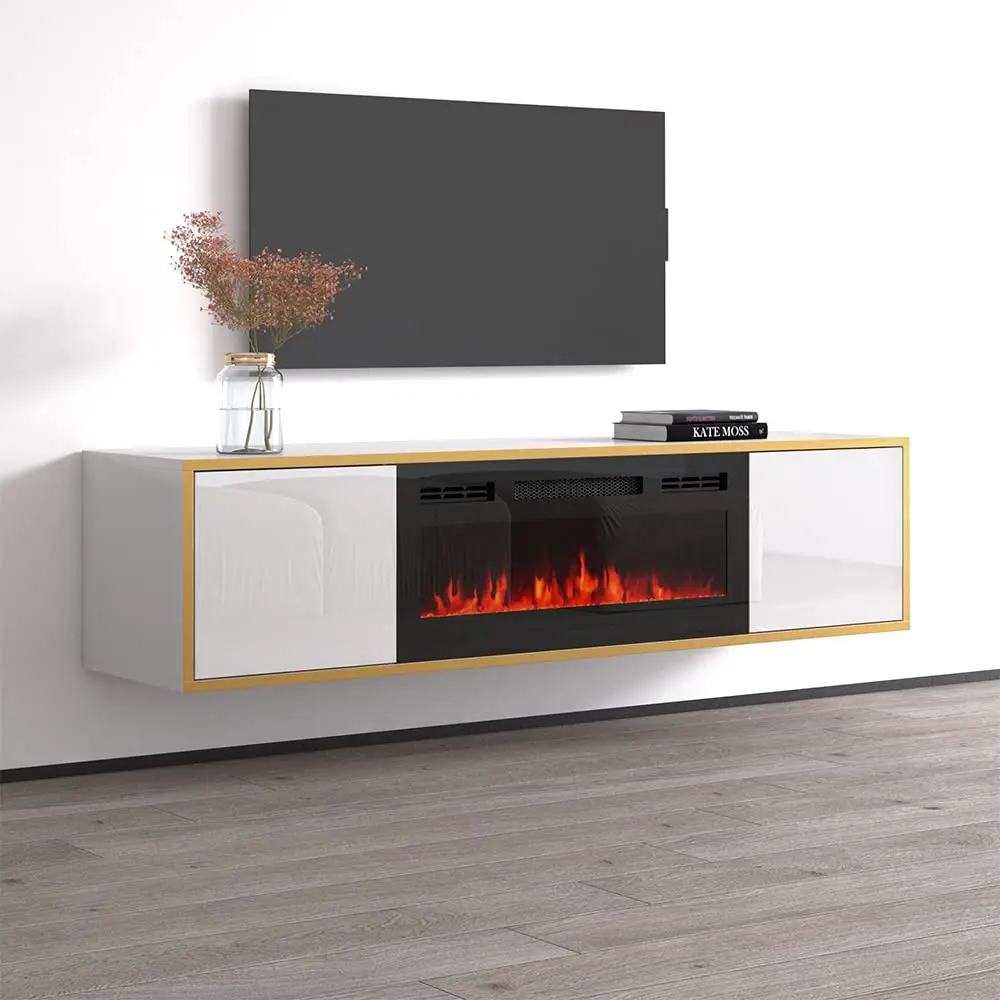 High-Gloss Floating TV Stand with Electric Fireplace & Media Storage, Fits 75