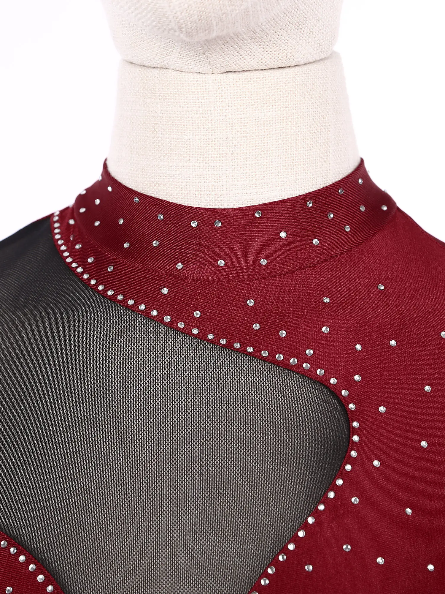 レディースラインストーンバレエジャージ体操ダンスアクロバットフィギュアスケートボディスーツシアーメッシュパッチワークロングスリーブレオタード