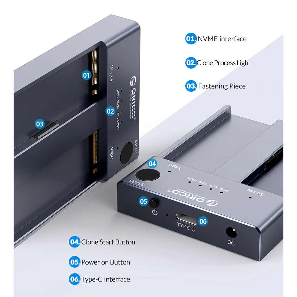 Imagem -05 - Orico M.2 Nvme Ssd Gabinete Offline Clone 10gbps Usb c Gen2 Case Externo Disco Rígido Porta de Baía Dupla Caixa de Armazenamento Copiadora