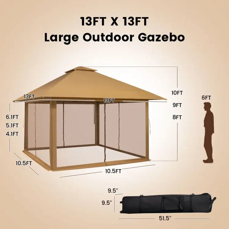 13x13ft Pop-Up Gazebo – UV50+ & Waterproof Oxford Fabric, 3 Height Adjustments, Includes Stakes & Carry Bag