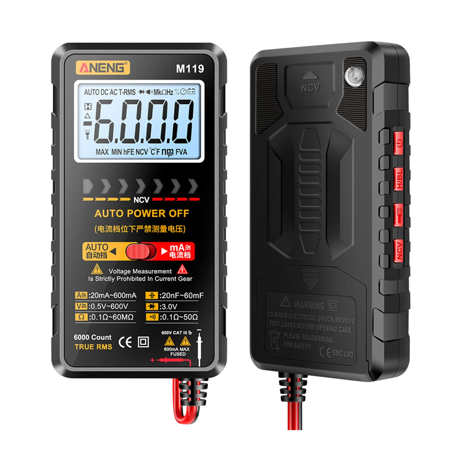 Portable Capacitance Meter Automatic Shutdown 6000 Counts Capacitor Tester LCD Display Transistor for Ohm Diode NVC Hz