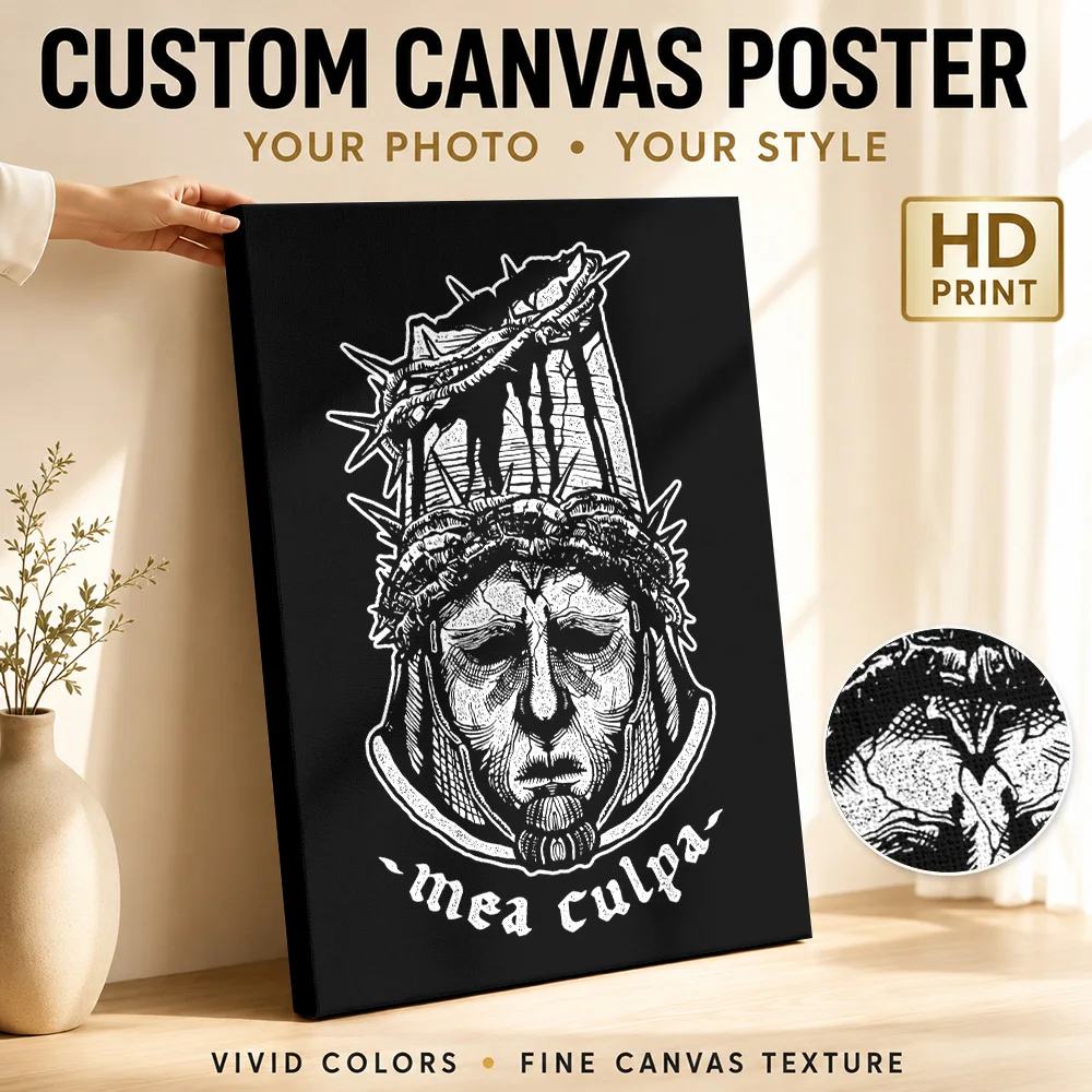 Mea Culpa Thorn Crowned Head Canvas Poster Customized Photo Black And White Ink Drawing Wall Art For Home Entertainment Room