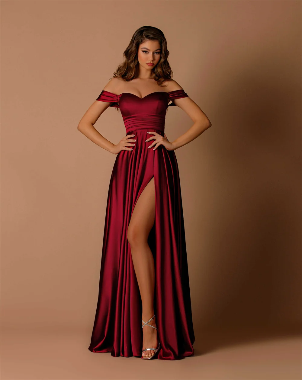 Satin Off-the-shoulder Sweetheart Bridesmaid Dresses With Split Pleated Corset Prom Gowns Sleeveless A-line Long Evening Gowns