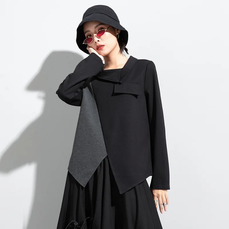 

Dark Series Women's Slim Fit Long Sleeve Shirt Collar Cross Base Top Sweatshirt Trendy Polyester Fiber Pure Color Spring Season