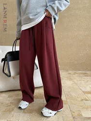 [LANMREM] Drawstring Design Casual Pants Women's Elastic High Waist Wide Leg Trousers Minimalism Clothes 2024 Winter New 26C1037