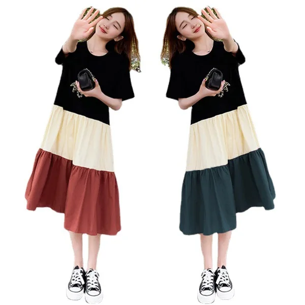 T-shirt couleur contrastée Dr femme ample grand S taille haute ligne a Midi Dr Commute Sle rond Ne ort Sve Basic