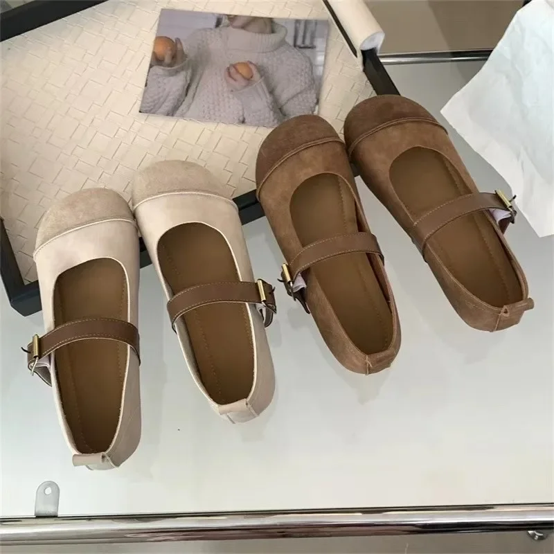 Women Flat Shoes Fashion Shallow Buckle Ladies Soft Shoes 2024 Spring Summer Imitation Deer Skin Mary Jane Shoes Flat Sandals