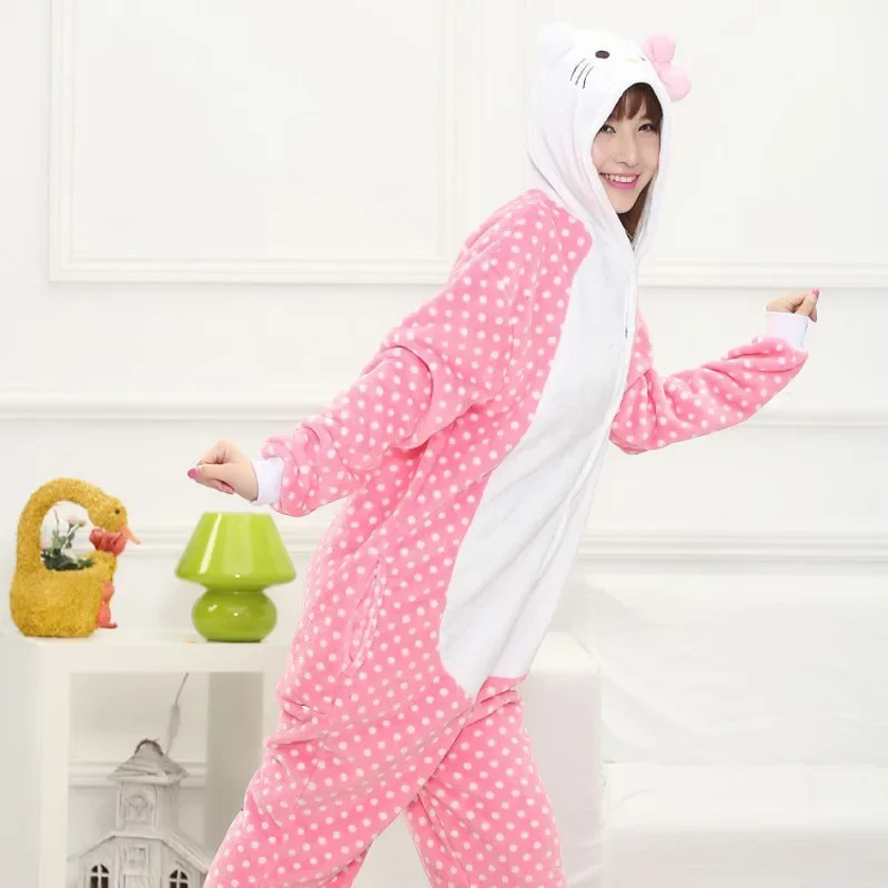 Hello Kitty Kigurumi Onesie Adult Children Unisex Winter Pajama Cute Anime Women Girls Winter Flannel Pajama Set Nightdress Gift