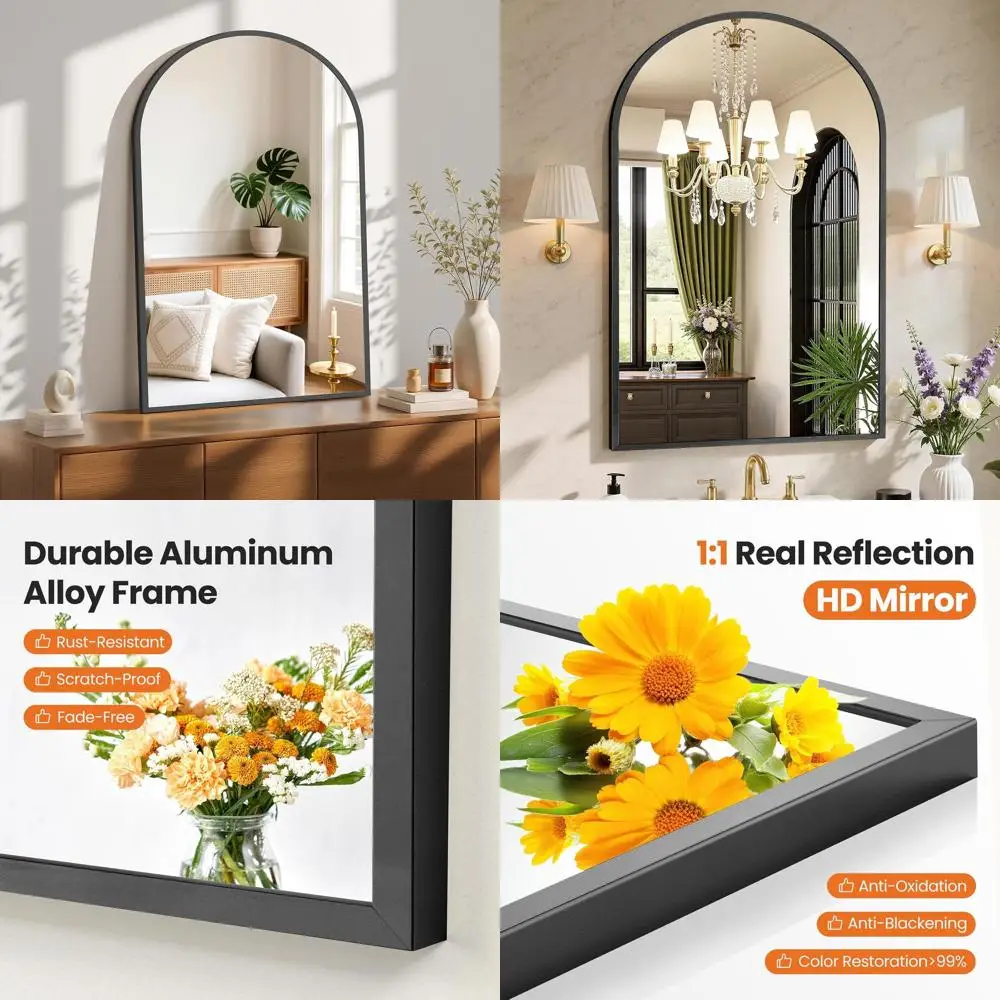 Large 26x38 Inch Arched Black Wall Mirror with Metal Frame for Bathroom, Vanity, Bedroom, Entryway, and Living Room
