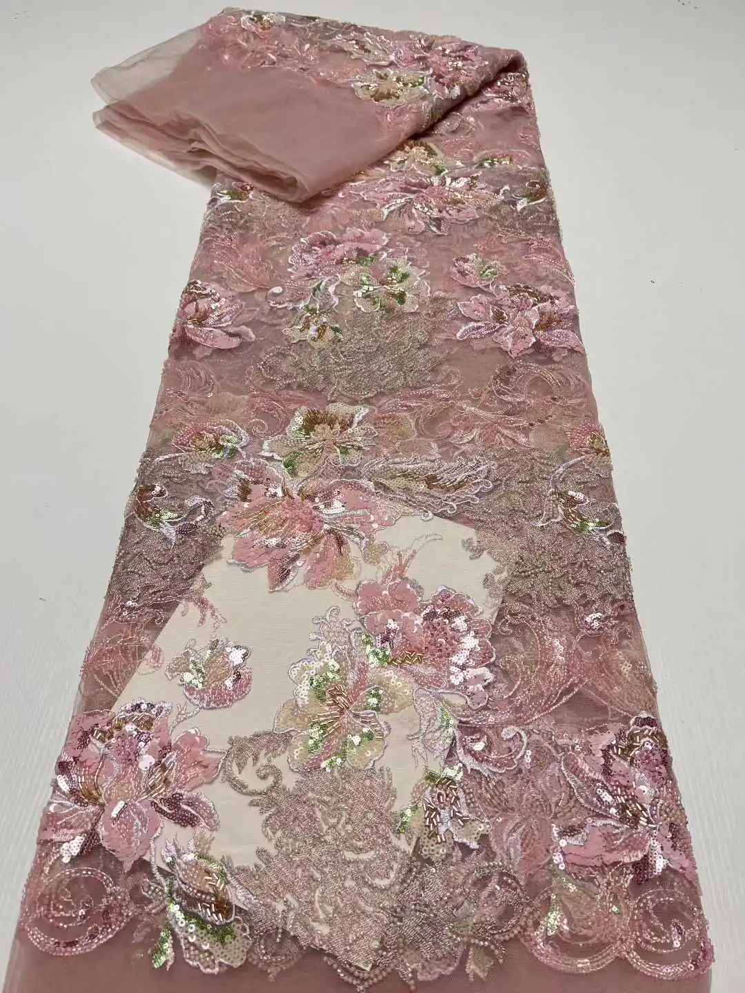 2025년 신상 핫세일 비즈와 스팽글이 있는 튤 레이스 원단, 고급 웨딩 파티 신부 의상 제작용 아프리카 프랑스 나이지리아 스타일