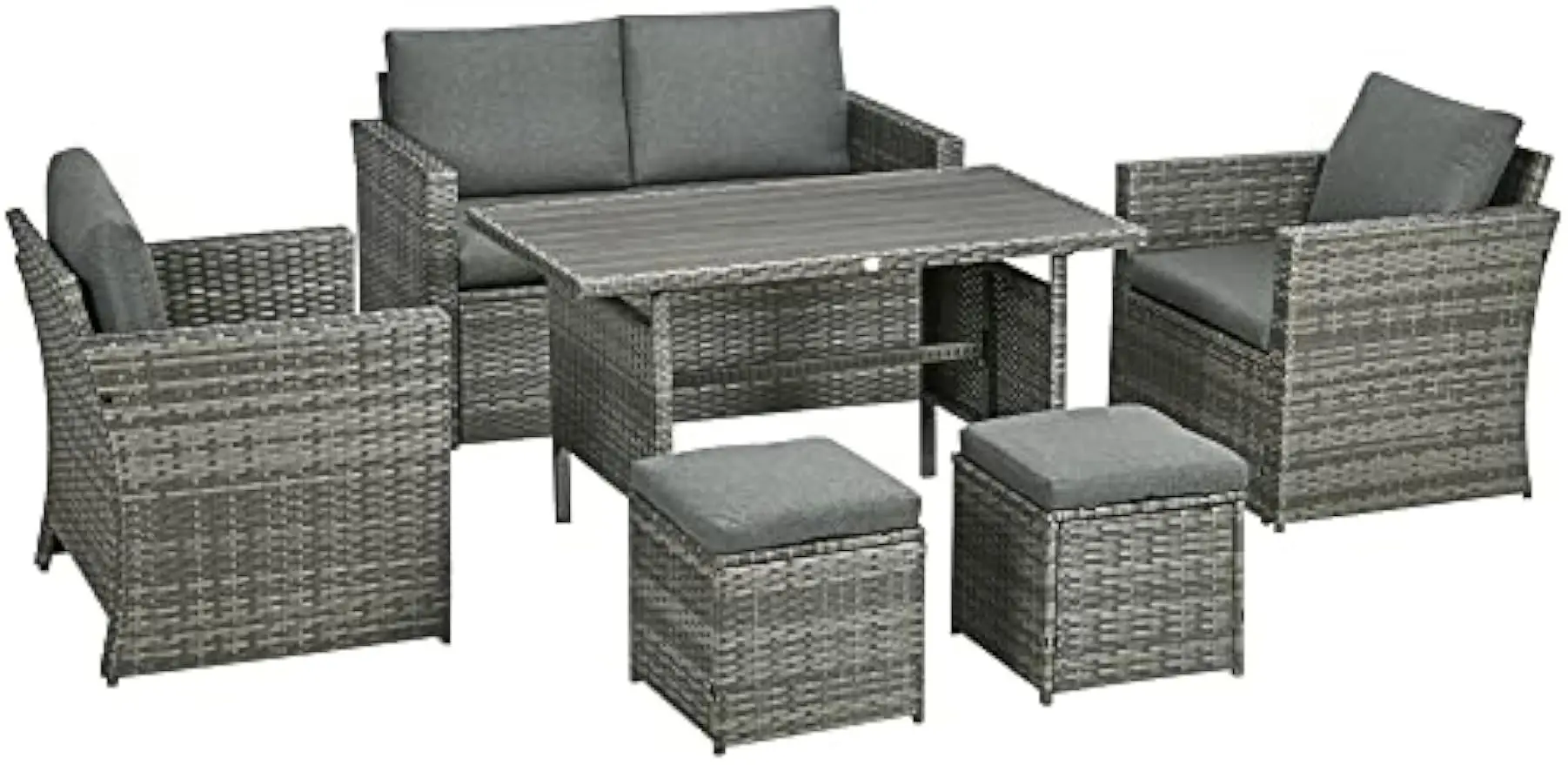 

6pcs Patio Dining Set, PE Rattan Furniture Set with 2 Chairs Cushions & Outdoor Loveseat Sofa, Woodgrain Slatted Dinner Table