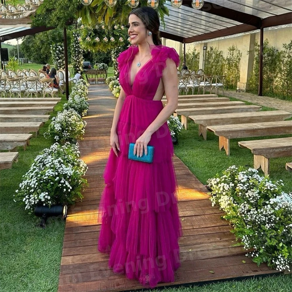 Graceful A Line Women\'s Evening Dresses Customized Prom Gowns Charming Sleeveless V Neck Backless Vestido De Gala Noche Mujer