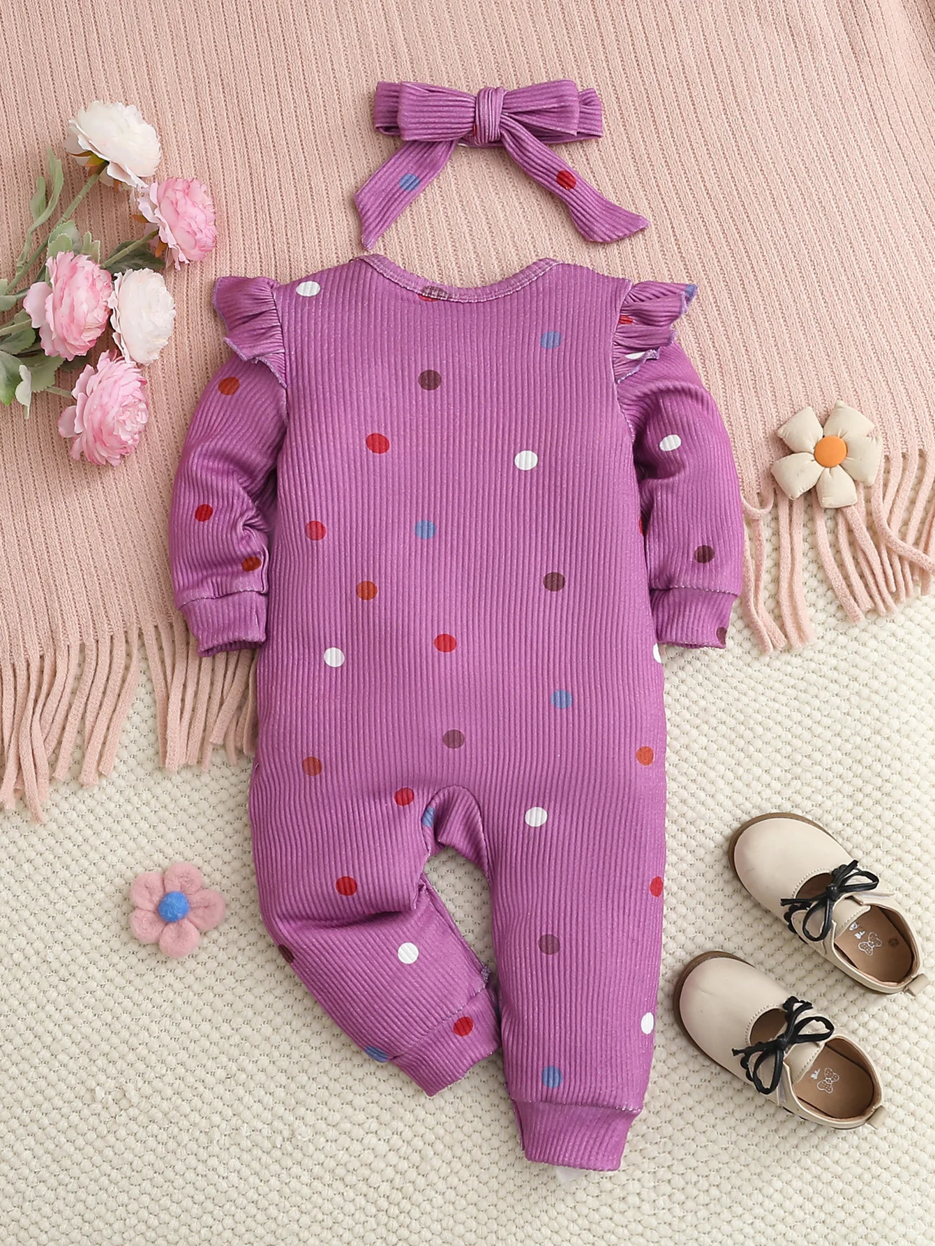 Girls Spring Autumn Plaid Onesie Two-Piece Set with Colorful Polka Dot Lace Long Sleeve Harem Jumpsuit And Butterfly Knot Hairba